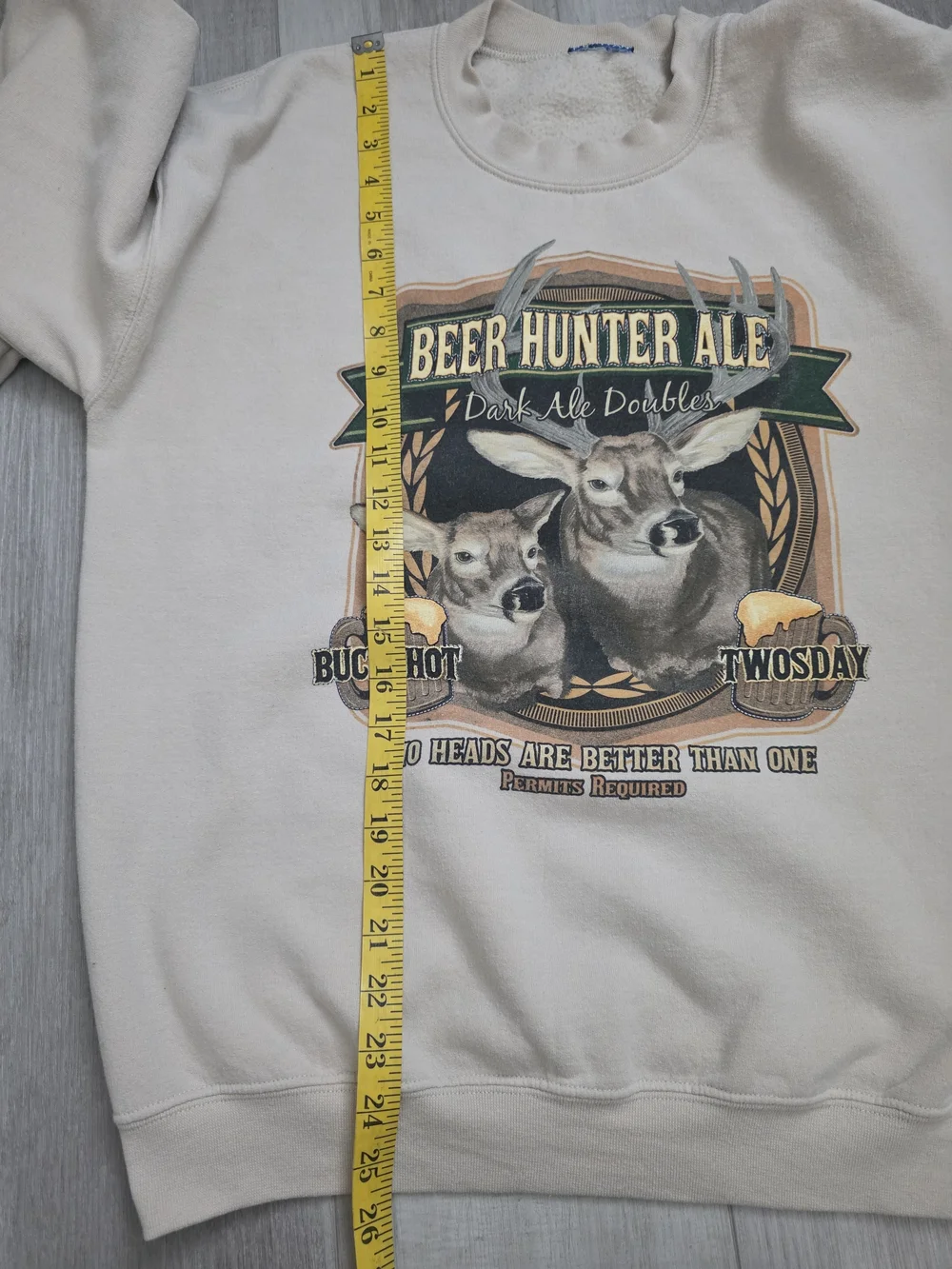 Puritan Beer Hunter Ale Graphic Sweatshirt Beige Crewneck Deer Print Vintage Sty - Picture 9 of 10